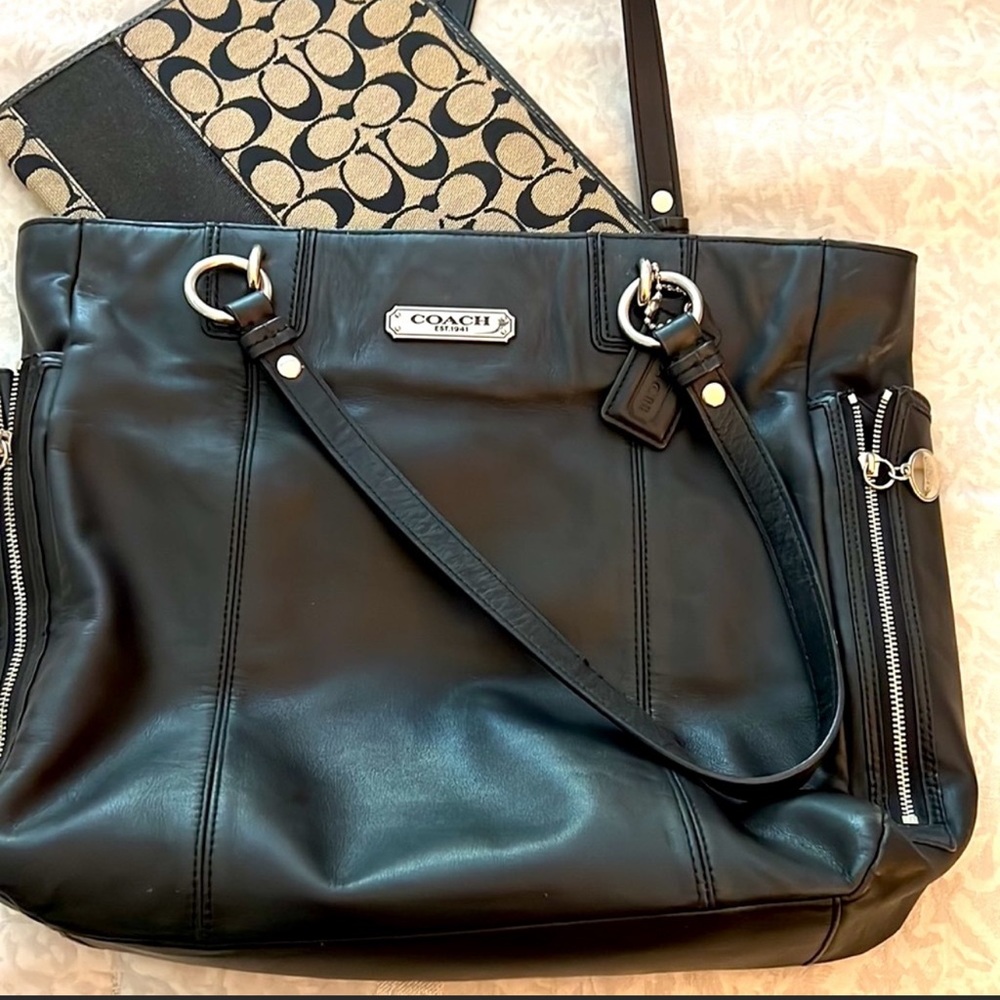 Coach Black Leather Tote with Silver Hardware